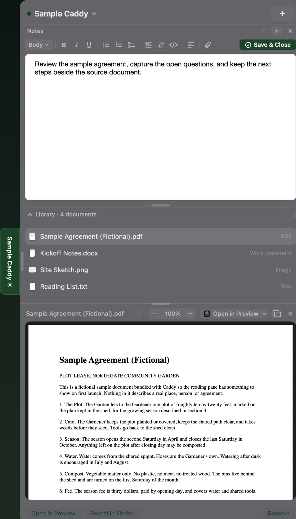 A current Caddy showing Notes above a labeled Library and a PDF reader, with Save and Close in the Notes toolbar.
