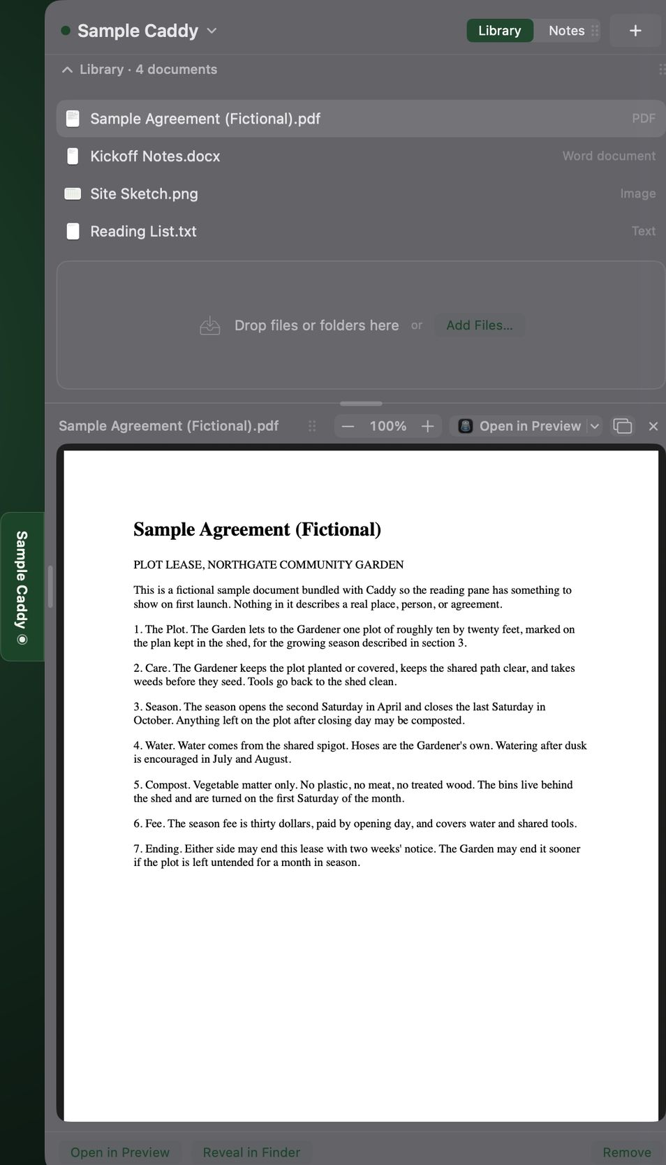 A current Caddy showing its labeled Library above a PDF reader with reliable zoom controls.