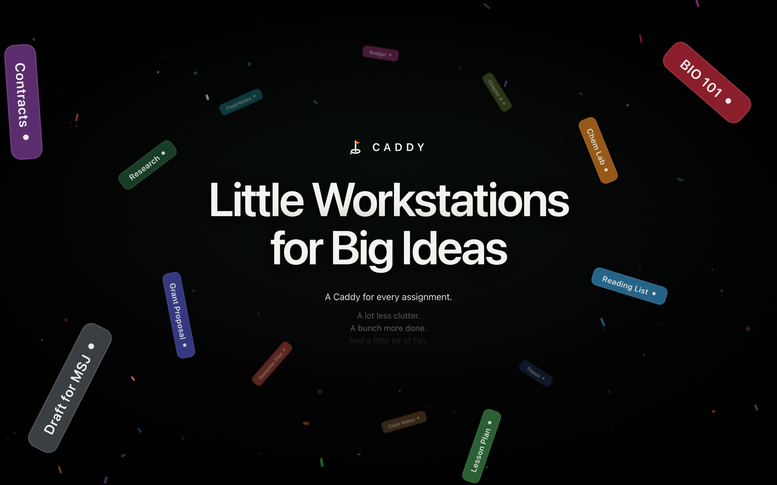 Sixteen colored Caddy tabs floating on a black field around the Caddy wordmark and the line Little Workstations for Big Ideas.