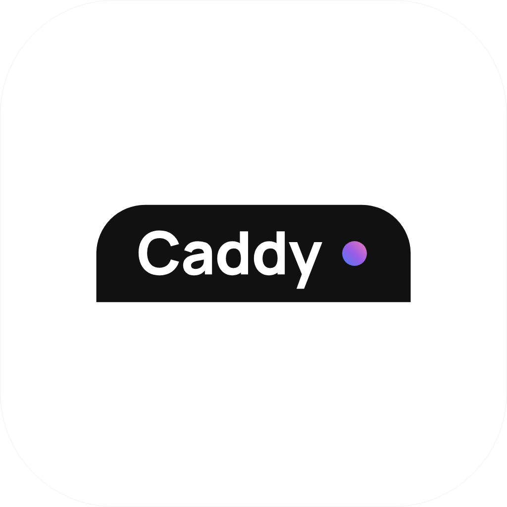 The Caddy app icon: a black Caddy tab, pill top and flat bottom, with the word Caddy and a small prism dot, centred on a white squircle.