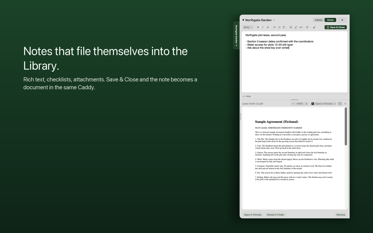 An open Caddy showing its rich text Notes surface with a formatting toolbar.