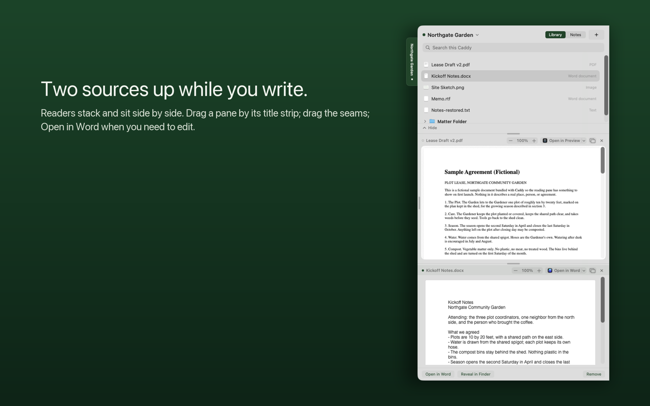 An open Caddy with two reading panes stacked, a PDF above and a Word document below.