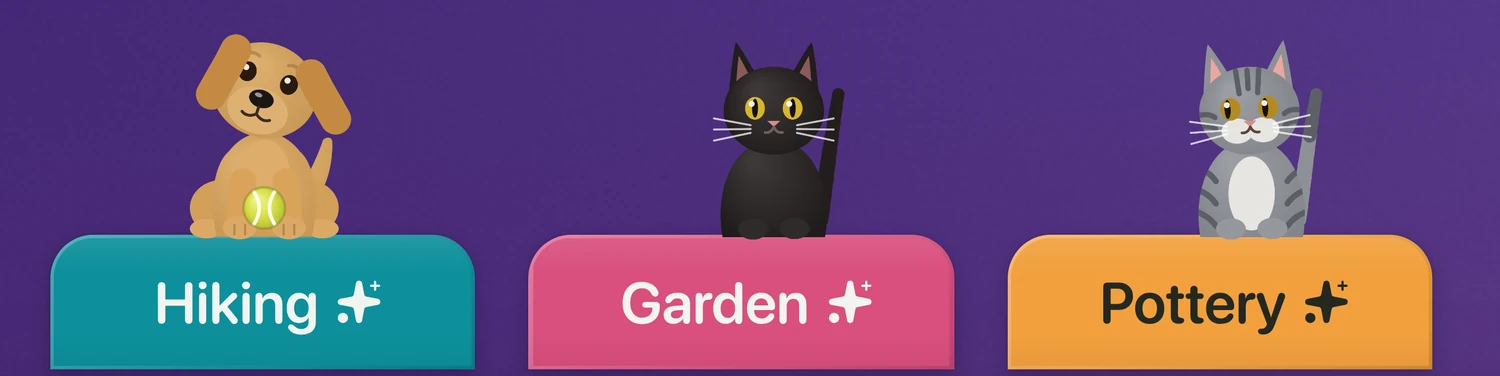 Daisy, Shadow and Rascal on three separate Caddy tabs named Hiking, Garden and Pottery.
